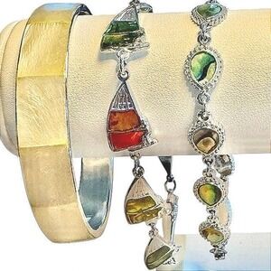 Vintage Abalone Bracelet Set Bangle Candy Corn Nautical Silver Tone‎